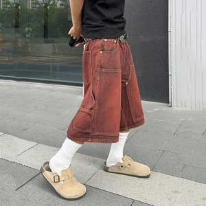 <span class=keywords><strong>Bermuda</strong></span> Baggy Homme en Denim Rouge Rétro Lavé, 100% Coton Peigné de Haute Qualité, Respirant, Brodé, Taille Haute, Braguette Zippée - Product Image 4
