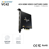 Carte de capture HDMI PCIe AVMATRIX VC42 4 canaux 1080p60 200 Mbps YUY2 non compressée pour la diffusion en direct et l'enregistrement multicanal