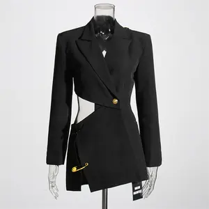 Fashion Women's Blazer Notched Collar Hollow Out Long Sleeve Asymmetrical Backless Solid Blazers Female Spring Clothing 2023