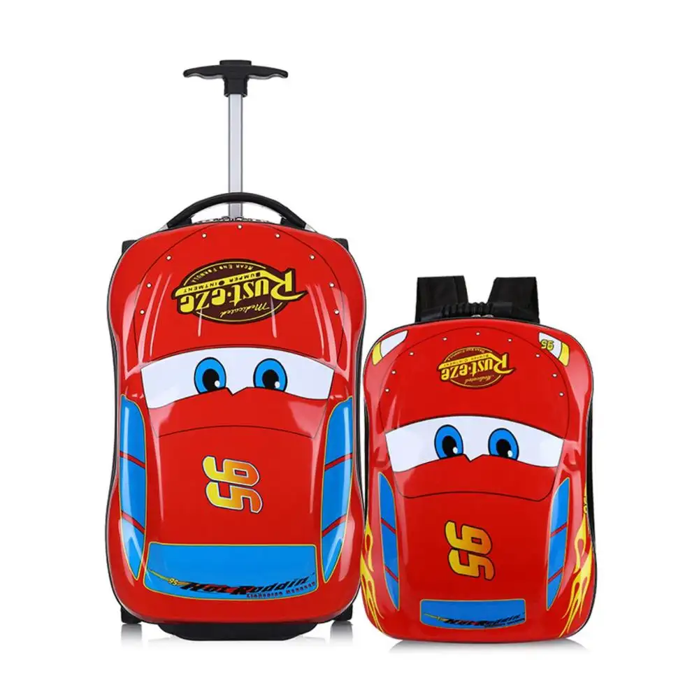 चीन सामान कारखाने की आपूर्ति 2pcs बच्चों कार्टून ट्रॉली बैग सेट कार आकार बच्चों यात्रा सामान
