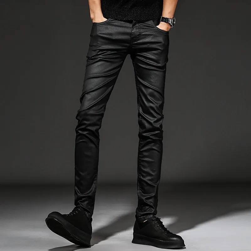 Liluo Men's Coated Jeans Korean Fashion Cool Waxed Slim Fit Biker Denim Pants