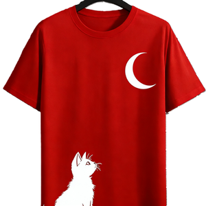 T-shirt Grafica Gatto che Guarda la Luna, Cielo Notturno Celestiale, Maglietta per Amanti degli Animali / T-shirt Oversize in Cotone a Maniche Corte con Gatto e Luna, Streetwear Casual - Product Image 3