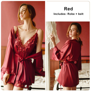 Pigiama in raso di seta da donna di lusso imposta camicia da notte Sexy con pizzo per matrimoni o notti estive - Product Image 3