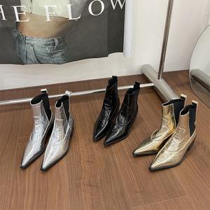 Xinzirain עיצוב מותאם אישית זהב נשים הצביע הבוהן עור מתכתי נמוך מגפי קרסול מגפיים - Product Image 5