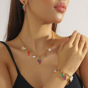 Fruit Pattern Jewelry <b>Set</b> Zinc Alloy Women's Party Necklace <b>Bracelet</b> Earrings With Pineapple Grape Cherry Watermelon Design - Product Image 2