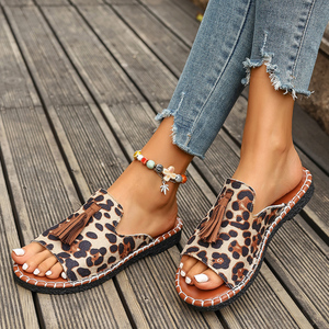 Sandales compensées bohèmes ethniques imprimées à pampilles pour femmes, à bout ouvert, style plateforme, pour la plage - Product Image 1