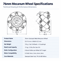 Lot de 4 Roues Mecanum en Metal 76mm 3 Pouces avec Accouplements pour Chassis Robot ROS Omnidirectionnel