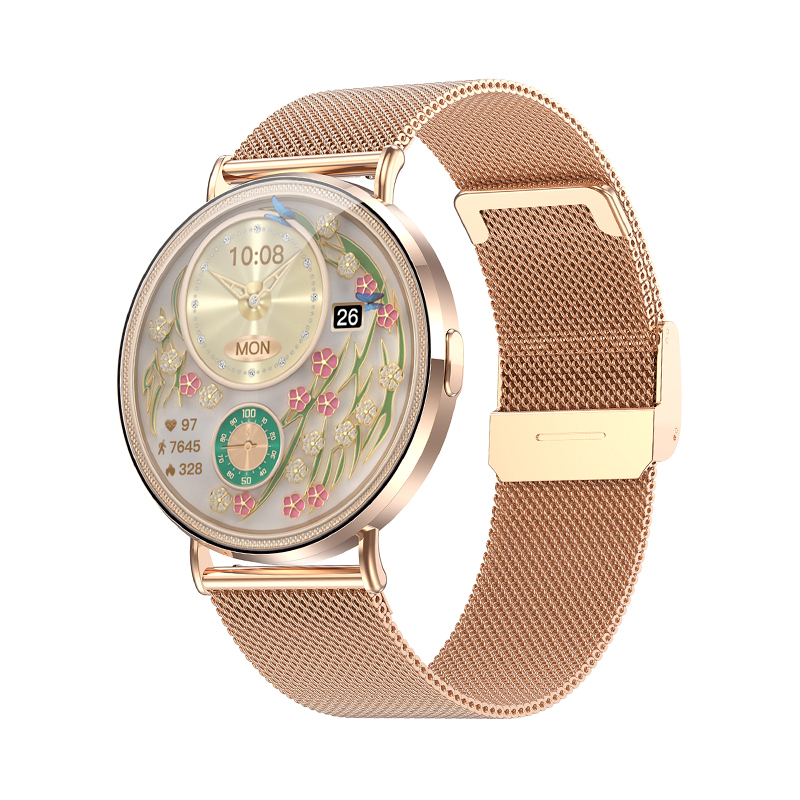 2024 KM88 Women's Ultra-Thin Smart Watch 3D Dynamic Interface 1.32inch AMOLED Screen Gold Steel Smartwatch