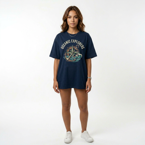 Camiseta Náutica Oceanic Explorers para Mujer, 100% Algodón, Cuello Redondo, Manga Corta, Estampada, Corte Holgado, Primavera Verano - Product Image 1