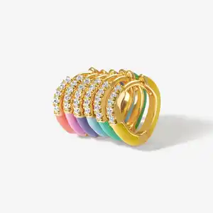 14 karat Gold Plated Sterling Silver Zircon Colorful Enamel Fine Jewelry Loop Hoop Earrings For Girls Women