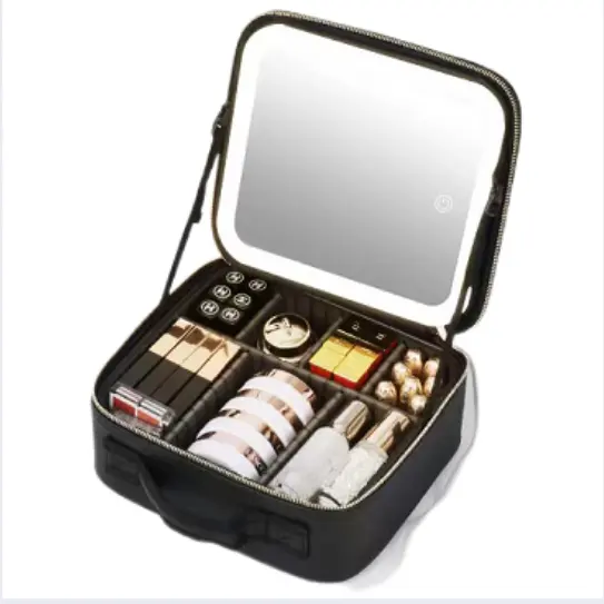 Beauty Travel Makeup Case with Large Lighted Mirror Cosmetic Bag Professional Cosmetic Artist Bag Thread Cover Aluminum Velvet