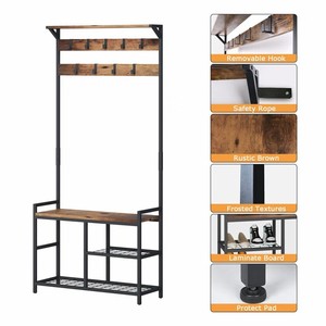 Vintage Brown Metal Wood <strong>Coat</strong> Rack Floor Standing <strong>Corner</strong> Entryway Bench <strong>Coat</strong> Hanger <strong>Stand</strong> With Shoe Storage - Product Image 5
