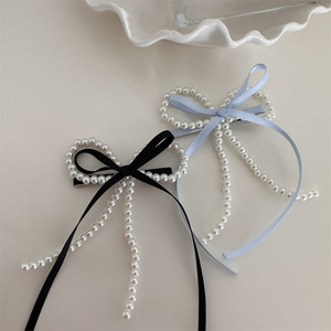 달콤한 멋진 소녀 긴 리본 긴 꼬리 활 진주 헤어 클립 키즈 보우 헤어 액세서리 악어 오리 빌 헤어 클립 - Product Image 4