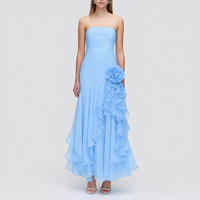 Nouvelle Robe Midi Femme Bleu Clair Sans Bretelles, Bustier Plissé, Volants Asymétriques Superposés à Motifs Floraux 3D, Vente en Gros Personnalisée