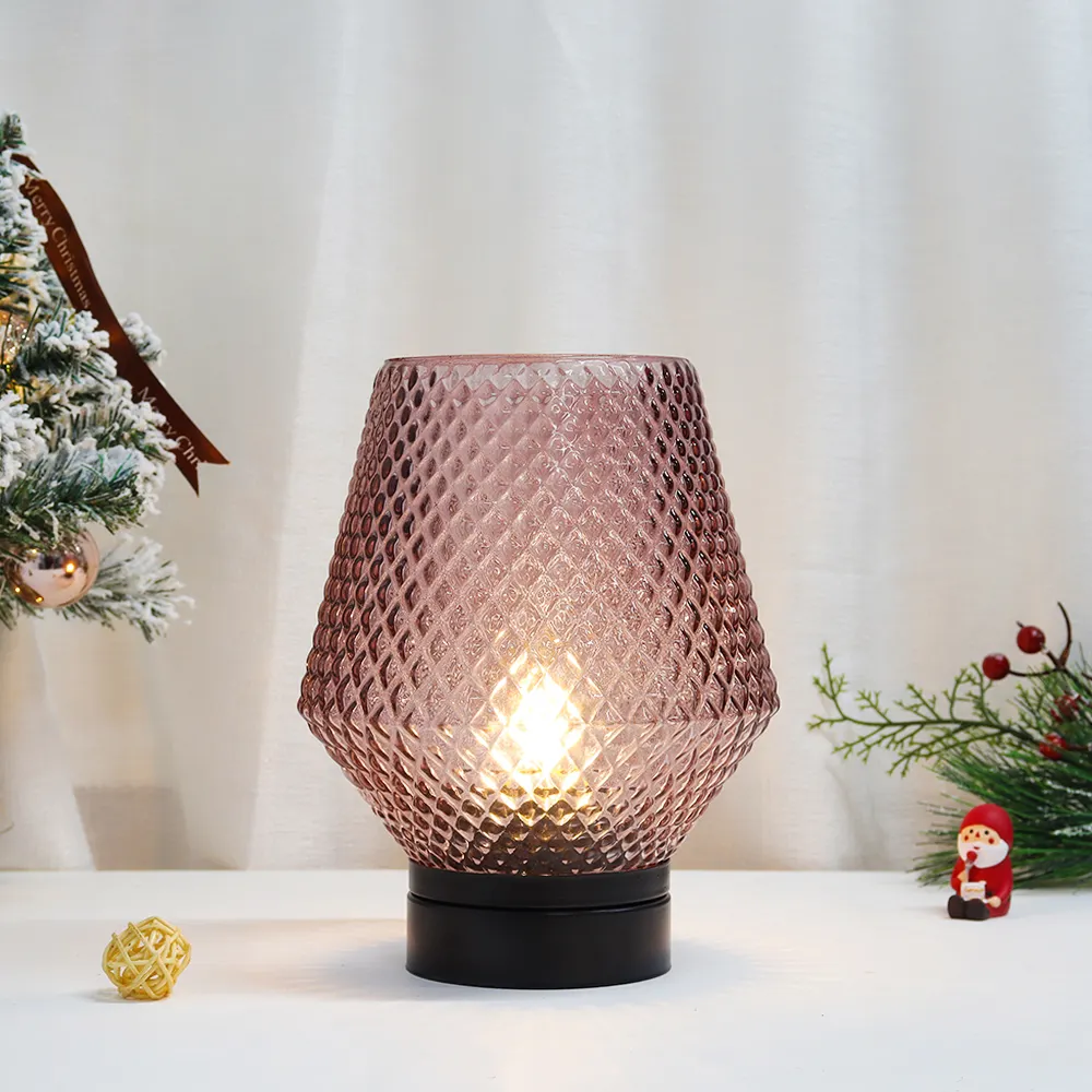 Opening Style Rechargeable Table Glass Lamp Pink Rhombic Glass Lampshade Led Lamp With 6 Hours Timer