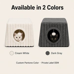 Maison pour chat en velours côtelé semi-fermée, tanière douillette pour chat, rembourrage en coton PP chaud, housse amovible et lavable, antidérapante, vente en gros OEM, jouet <span class=keywords><strong>pompon</strong></span> - Product Image 4