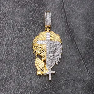 Newly Iced Out Religious 14k 18k Gold Plated Zirconia Half Jesus Face Half Lion Head Praying Hand Cross Pendants Fine Jewelry