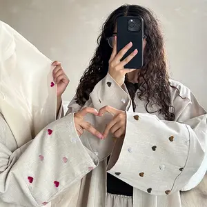 2024 keluaran baru gaun Muslim Hijab jubah Kimono wanita kardigan gaun Kaftan Dubai Abaya hati bordir Linen Abaya