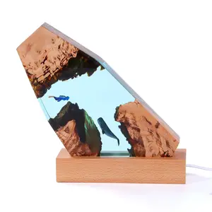 Creative Transparent Aesthetics Blue Diver And Whale Table Lamp Epoxy Resin Wood Led Lamp