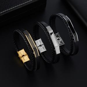 Custom 316l Stainless Steel <b>Men</b> Bracelet Engrave 14k 18k Gold Plated Fashion Multi-layer Leather Braided Bracelet <b>for</b> <b>Men</b> - Product Image 4
