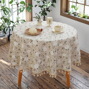 <span class=keywords><strong>Mantel</strong></span> de algodón <span class=keywords><strong>con</strong></span> estampado floral de lino hecho a mano <span class=keywords><strong>con</strong></span> fondo fotográfico redondo <span class=keywords><strong>con</strong></span> borlas para decoración del hogar y la fiesta - Product Image 2