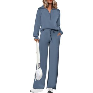 Ensemble de survêtement 2 pièces pour femme, décontracté, avec sweat-shirt à col à revers et demi-zip, pantalon large respirant, idéal pour le quotidien - Product Image 1