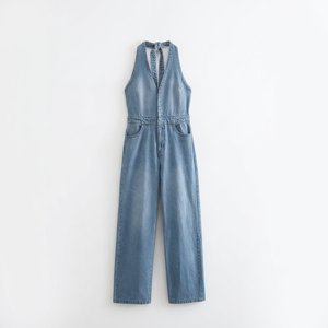 Mono vaquero de verano con cuello halter, transpirable, ecológico, hasta la rodilla, sin mangas, con bolsillos laterales, estilo vintage para mujer. - Product Image 1