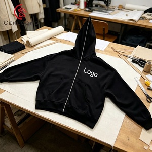 Cenloong Sweat à capuche zippé intégral pour homme, noir uni, effet vieilli, délavé à l'acide, personnalisable avec logo - Product Image 1