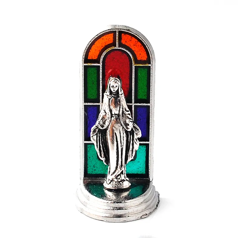 Katholieke Religieuze Items Metalen Staande Religieuze Beelden Ambachten Virgin Mary Standbeeld Met Sticker