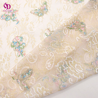 Kain Organza Bordir Payet Mutiara Bunga Kupu-kupu Mewah Model Double-deck Berbahan Dasar Jacquard Emas dengan Aksen Renda dan Mesh untuk Blus/Rok