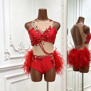 Traje de Danza Jazz Lírico Rojo con Pedrería y Plumas, sin Mangas, para Danza Latina, para Mujeres Adultas, para Competencia y Actuaciones en Escenario - Product Image 3