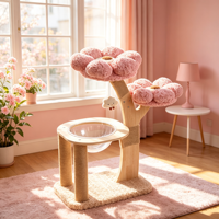 Arbre à chat BloomPod 96 cm de luxe moderne avec 4 niveaux, perchoirs en peluche rose, bol en acrylique transparent, poteaux en sisal, jouet nuage et garniture en fourrure