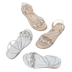 Elegant Glitter Ankle Strap Sandals With Pearl Rhinestone Decoration <b>Open</b> <b>Toe</b> Flat <b>Heel</b> Summer Shoes Cushioned Comfortable - Product Image 3