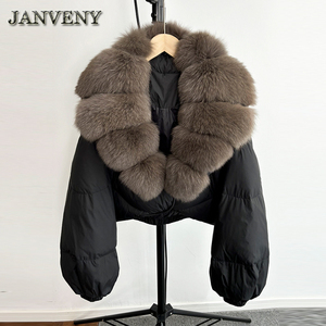 JANVENY Piumino Corto Invernale 2025 da <span class=keywords><strong>Donna</strong></span> con Vera Pelliccia di Volpe, Giacca Calda e Spessa con 90% Piumino d'Anatra Bianco, Modello Cropped Ampio e Impermeabile - Product Image 1