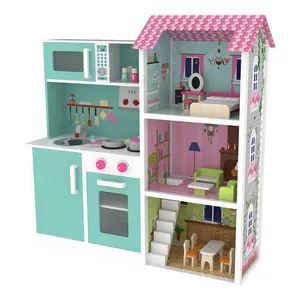 Neues Design Spiels pielzeug Holz spiel 2-in-1 Küche Baby puppenhaus für Kinder mit Möbeln