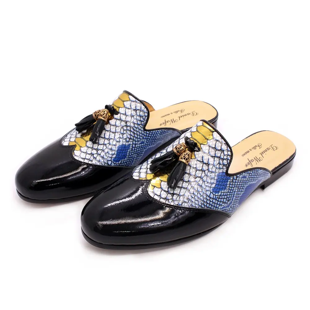 New popular outdoor patent leather shiny snake print men's half leather shoes made of genuine leather