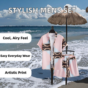 Ensemble chic et respirant pour homme, chemise à manches courtes à imprimé artistique et short, tenue d'été pour homme - Product Image 2