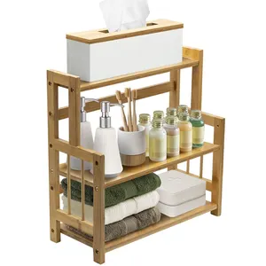Bamboo Spice Rack kitchen counter storage,Bathroom Countertop Storage Organizer Desk Bookshelf with Adjustable Shelf Cabinet
