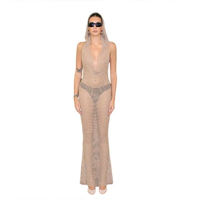 2023 new summer fashion hooded sexy sleeveless backless see-through high waist slim-fit jumpsuit long dress for women