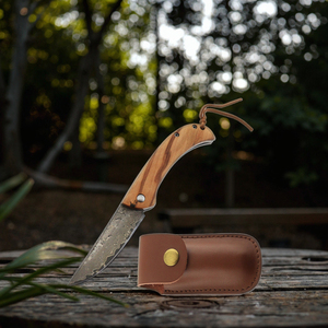 Damascus lưỡi thép tồn tại dao gỗ xử lý gấp túi dao với vỏ bọc da tùy chỉnh OEM - Product Image 1