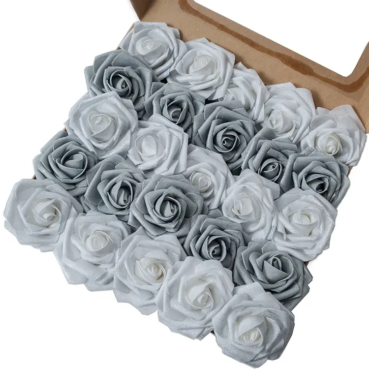 Shimmer Silver Grey Roses Artificial Flowers Roses PE latex Foam roses for Bride Bouquet Home Wedding Decor DIY Supplies
