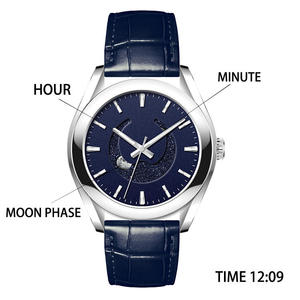 ผู้ผลิตนาฬิกา OEM Miyota Automatic 9015 Moonphase นาฬิกาข้อมือ โลโก้สั่งทำพิเศษ หน้าปัดสีน้ำเงินลายดวงดาวพร้อมแสดงข้างขึ้นข้างแรม สายเหล็กและสายหนัง - Product Image 3