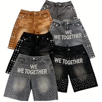 Shorts en jean pour hommes, personnalisés OEM, avec strass, style streetwear, délavé, effet vieilli, rétro, oversize, noir