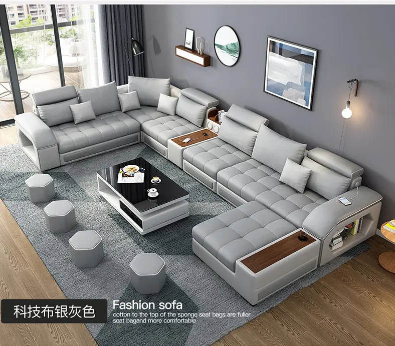 New hot sale fancy latest design grey u shape European style sectional sofa leather modern living room