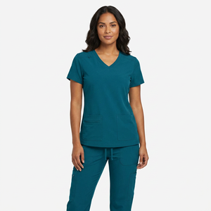 Women's Teal V-Neck <b>Scrub</b> <b>Top</b> With Two Front Pockets Hospital Uniforms Cotton Polyester Woven Fabric - Product Image 1