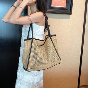 <span class=keywords><strong>Borsa</strong></span> da spiaggia in vimini polinesiano con manici a cestello francese in pelle <span class=keywords><strong>nera</strong></span> e <span class=keywords><strong>nera</strong></span> naturale in pelle portatile foderata in poliestere - Product Image 6