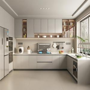 Meubles de cuisine modernes sur mesure BALOM, étagères flottantes en chêne noueux, plan de travail en pierre gris foncé, style naturel et organique - Product Image 6