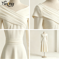 Robe de soirée décontractée mi-longue en satin de coton élégante pour femme, à épaules dénudées, col en V, manches longues, drapée et froncée, coupe trapèze, personnalisée par l'usine OEM