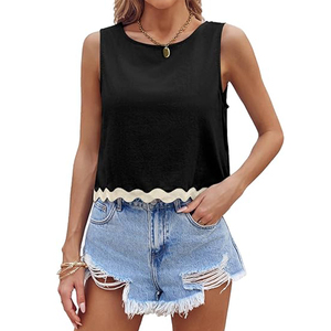 Womens CROPPED Tank Tops mùa hè thường Crew Neck lỏng phù hợp với không tay TEE Áo sơ mi - Product Image 2