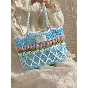 Borsa a tracolla fatta a mano all'uncinetto con tulipani primaverili a rombo, colore a contrasto, perle, materiale fai da te, per il tempo libero e i viaggi, AliExpress Cross - Product Image 3
